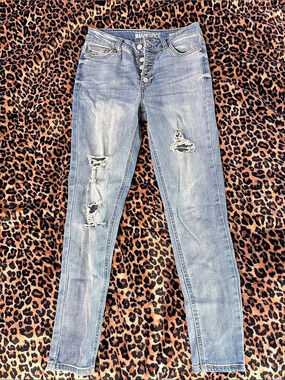BlueSpice High Waist Ankle Vintage Recycled Distressed Skinny Jeans in Blue
